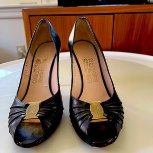 Ferragamo black open toed pumps